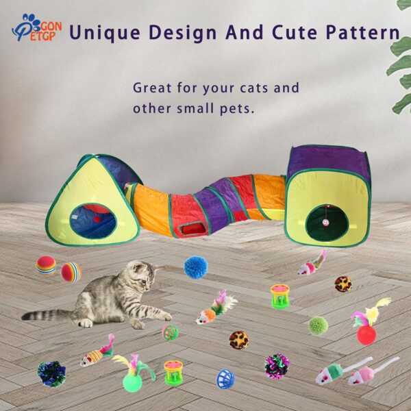 GONPETGP Cat Toy Variety Pack offers 23 engaging toys (feather wand, tunnel, balls, mice, & more) to stimulate hunting instincts, encourage exercise, & provide endless entertainment for indoor cats. Durable, safe, collapsible, & portable! Cat interactive toys. Perfect for indoor cats. Keep your feline friend happy & healthy!