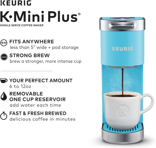 The Keurig K-Mini Plus  single-serve coffee maker brews delicious coffee in minutes, offers multiple cup sizes, and has a strong brew option. Compact size, built-in pod storage, & travel mug-friendly.5-inch Brewer, 6 to 12 Pound Brew Size, K-Cup Pods, and Cord Storage. Enjoy endless coffee, tea, & cocoa varieties! A coffee lover gifts.