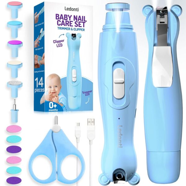 Ledonti Baby Nail Clippers with Light offer safe & gentle trimming for newborns, infants, toddlers, & kids. Rechargeable, quiet motor, LED light for perfect visibility. Complete baby nail care kit (optional). Baby Nail Trimmer Electric Rechargeable. Electric Nail File Baby. Newborn Baby essentials. Newborn Baby Gift Ideas.