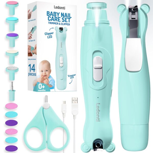 Ledonti Baby Nail Clippers with Light offer safe & gentle trimming for newborns, infants, toddlers, & kids. Rechargeable, quiet motor, LED light for perfect visibility. Complete baby nail care kit (optional). Baby Nail Trimmer Electric Rechargeable. Electric Nail File Baby. Newborn Baby essentials. Newborn Baby Gift Ideas.