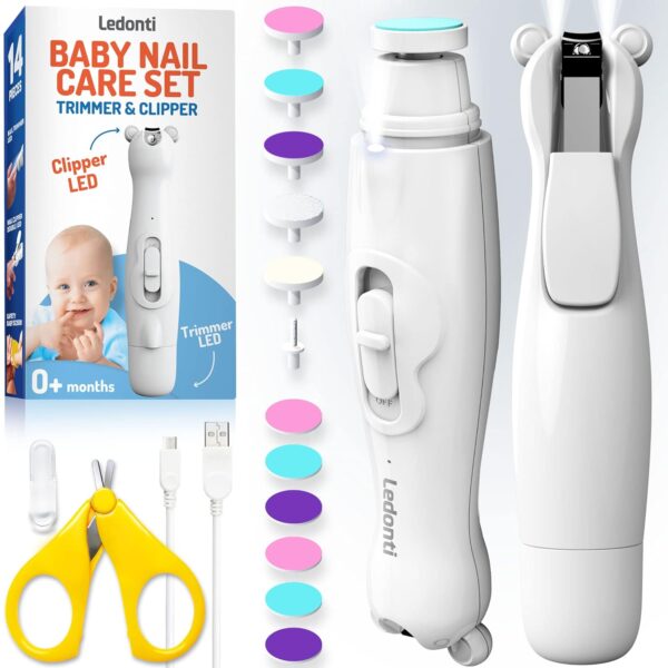 Ledonti Baby Nail Clippers with Light offer safe & gentle trimming for newborns, infants, toddlers, & kids. Rechargeable, quiet motor, LED light for perfect visibility. Complete baby nail care kit (optional). Baby Nail Trimmer Electric Rechargeable. Electric Nail File Baby. Newborn Baby essentials. Newborn Baby Gift Ideas.