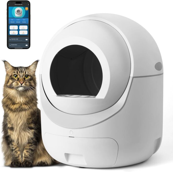 MEEGEEM Self Cleaning Cat Litter Box - 85L with App Control & Odor Control. Effortless scooping & a fresh litter box! MEEGEEM's automatic litter box (85L) features Wi-Fi app control, odor control, & an anti-pinch design. Perfect for multi-cat homes!