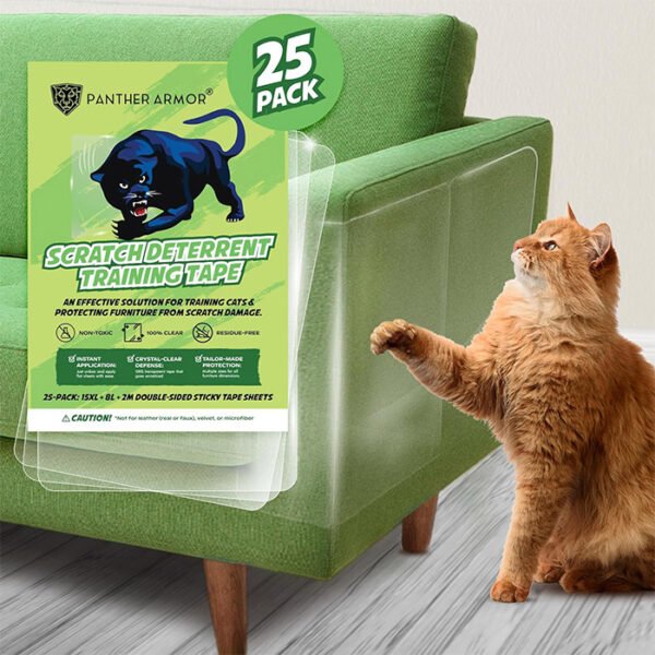 Panther Armor Cat Furniture Protector Mega Pack 25 sheets Panther Armor Cat Furniture Protector, Mega Pack 25-Sheets, Cat Scratch Furniture Protectors, No Pins, Durable, Transparent Cat Training Tapes. Couch Guard. Cat deterrent tape. Cat scratch protection.