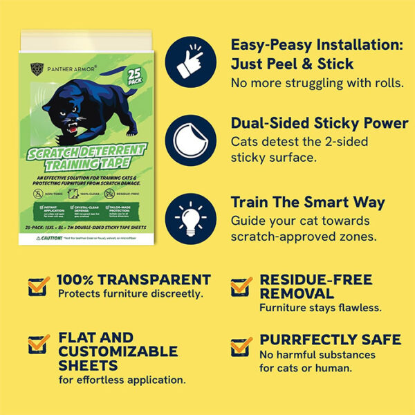 Panther Armor Cat Furniture Protector Mega Pack 25 sheets Panther Armor Cat Furniture Protector, Mega Pack 25-Sheets, Cat Scratch Furniture Protectors, No Pins, Durable, Transparent Cat Training Tapes. Couch Guard. Cat deterrent tape. Cat scratch protection.