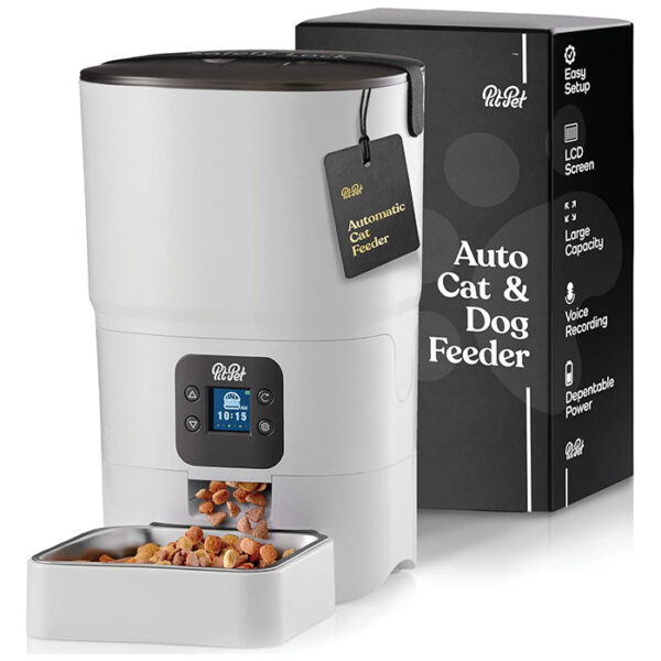 Pitpet Automatic Cat Feeder features a 6L capacity, an LCD display, a desiccant bag for freshness, & a voice recorder to keep food fresh & mealtimes personal. This cat food dispenser is perfect for busy pet owners & promotes healthy eating habits! Smart cat feeder.