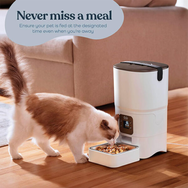 Pitpet Automatic Cat Feeder features a 6L capacity, an LCD display, a desiccant bag for freshness, & a voice recorder to keep food fresh & mealtimes personal. This cat food dispenser is perfect for busy pet owners & promotes healthy eating habits! Smart cat feeder.