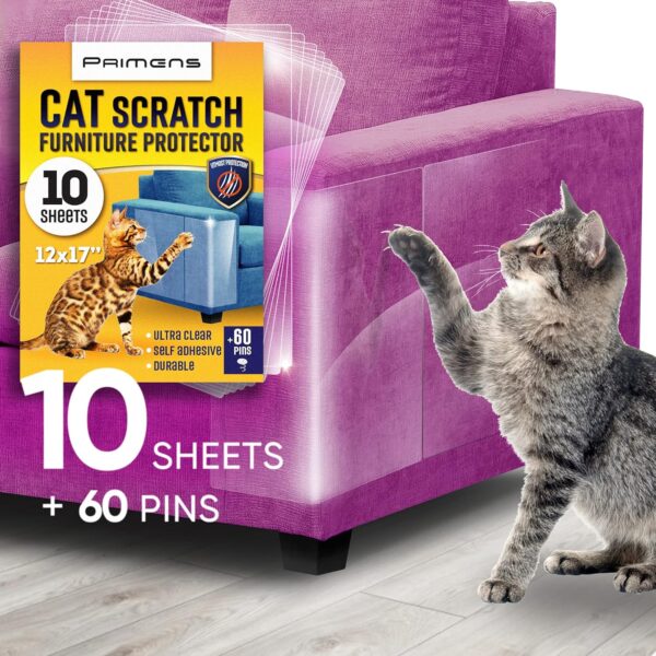 Primens Cat Scratch Furniture Protectors (10 X-Large Sheets) shield furniture from scratching without damaging fabric. They're clear, removable, & easy to apply. Cat scratch deterrent tape. Couch guard.