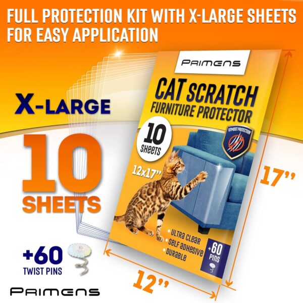 Primens Cat Scratch Furniture Protectors (10 X-Large Sheets) shield furniture from scratching without damaging fabric. They're clear, removable, & easy to apply. Cat scratch deterrent tape. Couch guard.