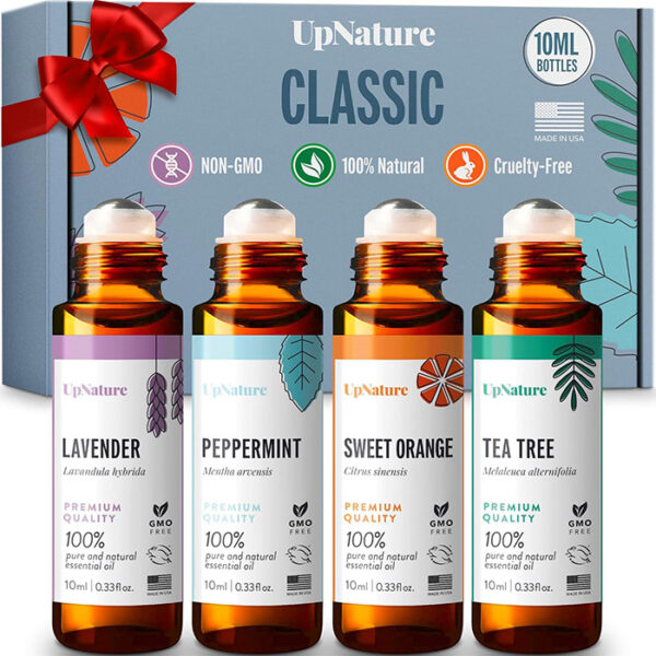 UpNature Top 4 Essential Oil Roll-On Gift Set: Lavender (relaxation), Peppermint (focus), Sweet Orange (mood boost), Tea Tree (skin). Easy roll-on application, 100% pure & gentle, perfect gift for all. Explore aromatherapy & natural wellness today! Made in USA.