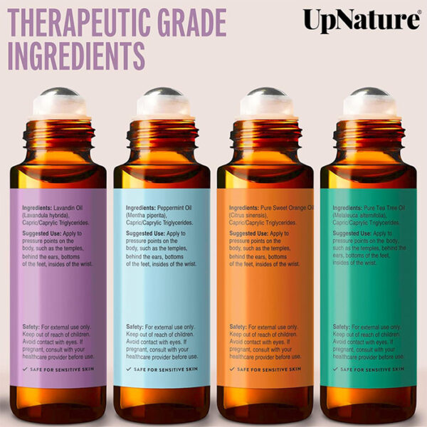 UpNature Top 4 Essential Oil Roll-On Gift Set: Lavender (relaxation), Peppermint (focus), Sweet Orange (mood boost), Tea Tree (skin). Easy roll-on application, 100% pure & gentle, perfect gift for all. Explore aromatherapy & natural wellness today! Made in USA.