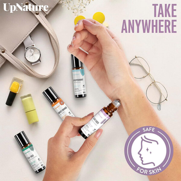 UpNature Top 4 Essential Oil Roll-On Gift Set: Lavender (relaxation), Peppermint (focus), Sweet Orange (mood boost), Tea Tree (skin). Easy roll-on application, 100% pure & gentle, perfect gift for all. Explore aromatherapy & natural wellness today! Made in USA.