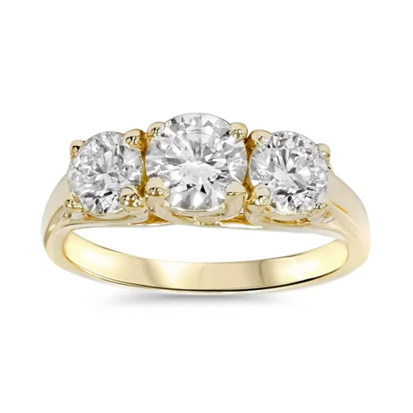 Pompeii3 2ct Three Stone Diamond Engagement Ring - Size 4 This classic past present future anniversary/engagement ring features 3 round brilliant cut diamonds. All diamonds are prong set in 14k yellow gold. Promise ring. Diamond Jewelry Ring. Classic Engagement Ring.