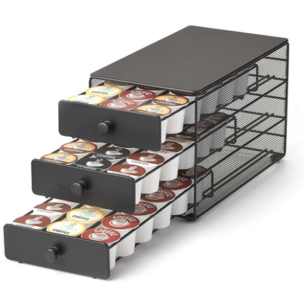 Organize your K-Cups in style with the Nifty Coffee Pod Drawer. This 3-tier drawer offers ample storage, a sleek design, and easy access to your favorite coffee pods. Transform your countertop and elevate your coffee experience.  Black Satin Finish, Compatible with K-Cups, 54 Pod Pack Capacity Rack, 3-Tier Holder & Storage, Stylish Home or Office Kitchen Counter Organizer.