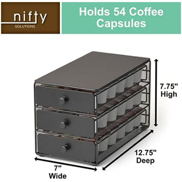 Organize your K-Cups in style with the Nifty Coffee Pod Drawer. This 3-tier drawer offers ample storage, a sleek design, and easy access to your favorite coffee pods. Transform your countertop and elevate your coffee experience.  Black Satin Finish, Compatible with K-Cups, 54 Pod Pack Capacity Rack, 3-Tier Holder & Storage, Stylish Home or Office Kitchen Counter Organizer.