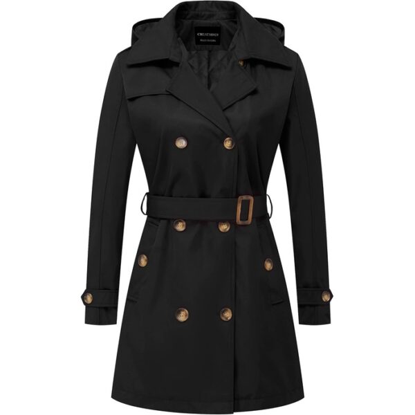 Elevate your style with CREATMO US Women’s Trench Coat Double-Breasted Classic: water-repellent, slim-fit, detachable hood for all-weather chic.