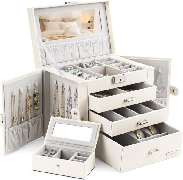 Organize and secure your jewelry with homde 2 in 1 Jewelry Box for Women : a lockable design, travel case, mirror, and dustproof compartments.