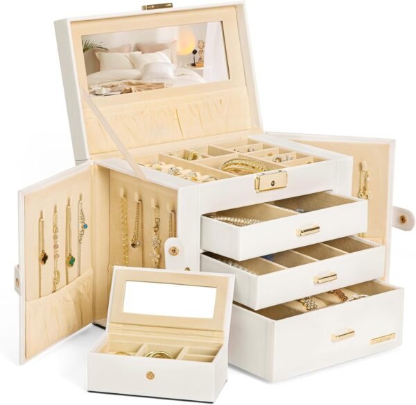 Organize and secure your jewelry with homde 2 in 1 Jewelry Box for Women : a lockable design, travel case, mirror, and dustproof compartments.