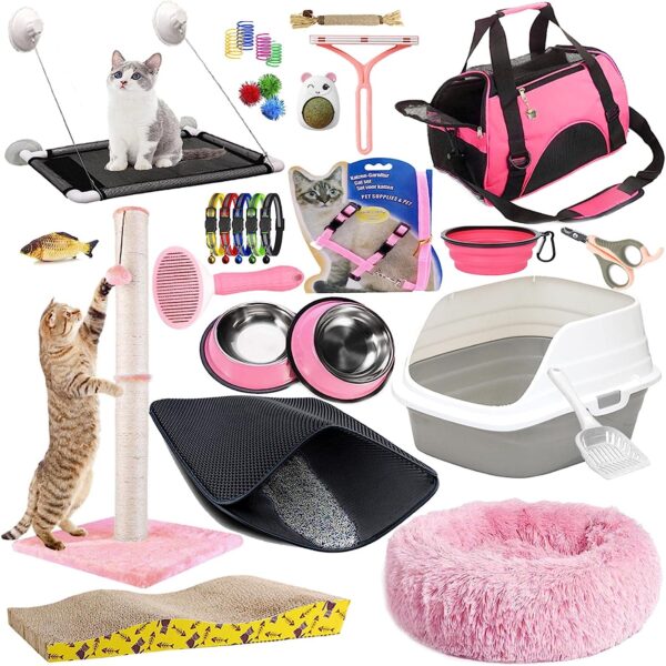 Lobeve Kitten Starter Kit - 30-Piece Set of Cat Essentials includes Cat Litter Box, Cat Toys, Bed, Carrier, Bowls, and More. Best Cat Gifts.