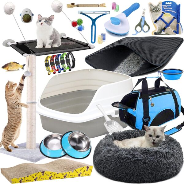 Lobeve Kitten Starter Kit - 30-Piece Set of Cat Essentials includes Cat Litter Box, Cat Toys, Bed, Carrier, Bowls, and More. Best Cat Gifts.