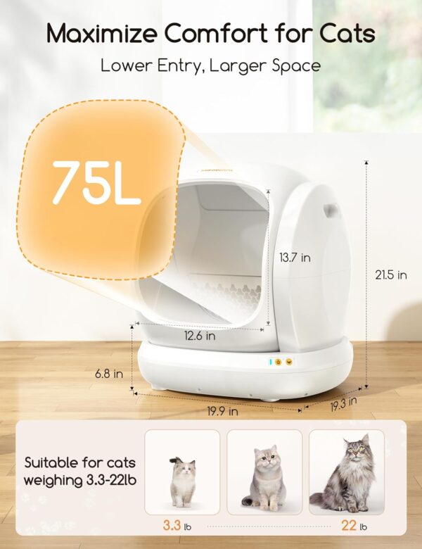 Discover the MeoWant Self-Cleaning Cat Litter Box MW-SC02 75L Extra Large with smart app control, odor removal, and anti-pinch safety.