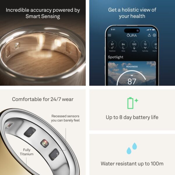 Track sleep, heart rate, and stress with the sleek Oura Ring 4 Gold Smart Ring. Stylish, durable, and smart with 8-day battery life.