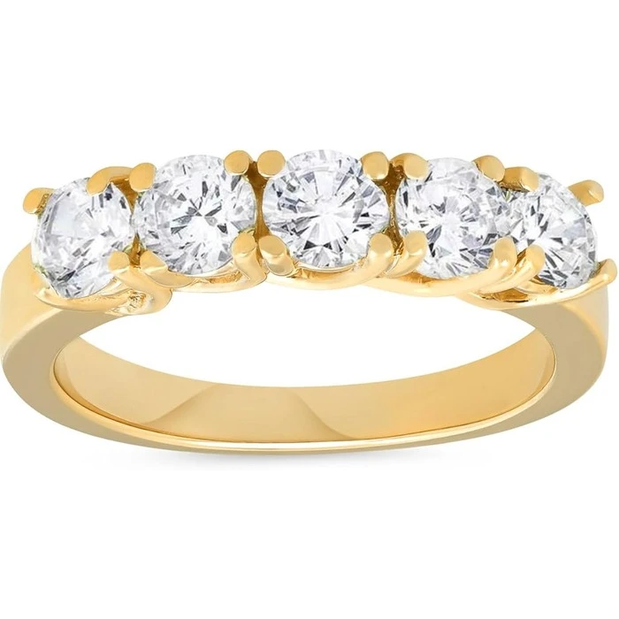 Pompeii3 14k Yellow Gold 1 1/2 Ct T.W. Round-Cut Natural Diamond Wedding Ring Five Stone Anniversary Women's Stackable Band