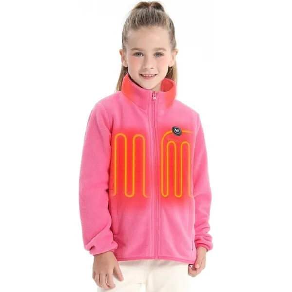 Discover the Venustas Girl's Heated Fleece Jacket 7.4V for kids, featuring 4 heating zones, adjustable warmth, and soft fleece for winter comfort.