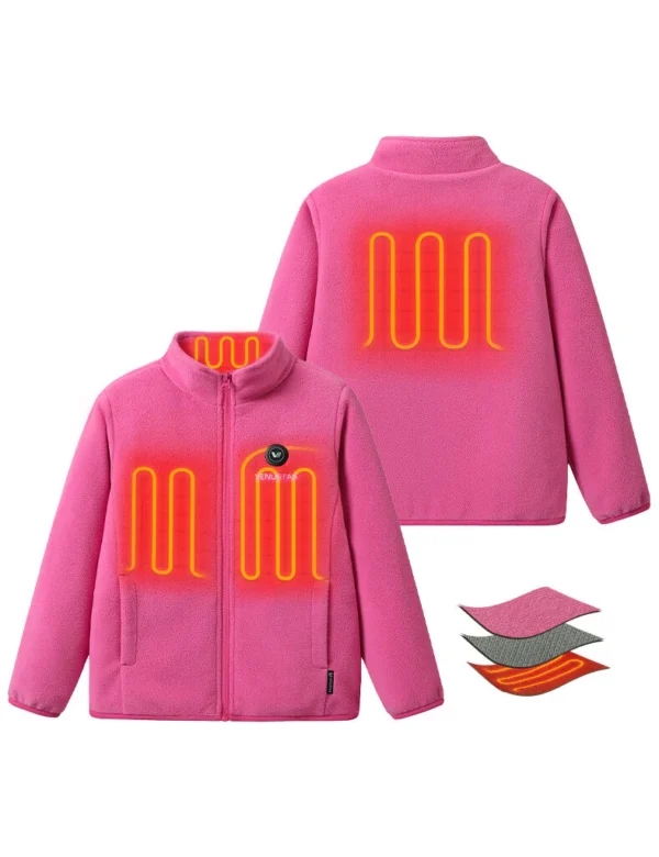 Discover the Venustas Girl's Heated Fleece Jacket 7.4V for kids, featuring 4 heating zones, adjustable warmth, and soft fleece for winter comfort.